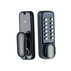 an electronic door handle with buttons and knobs on the front, shown in black