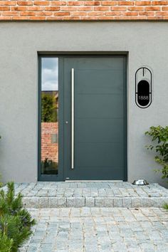 a dog laying on the ground in front of a door