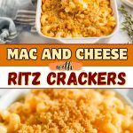 macaroni and cheese with ritz crackers in a casserole dish