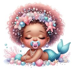 a baby mermaid with pink hair and pearls