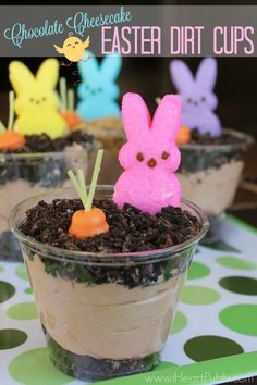 chocolate cheesecake easter dirt cups with peeps on top