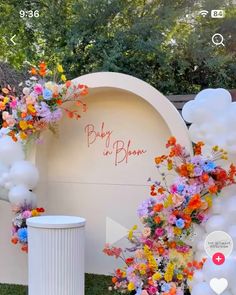 an arch decorated with flowers and balloons for a baby in bloom party