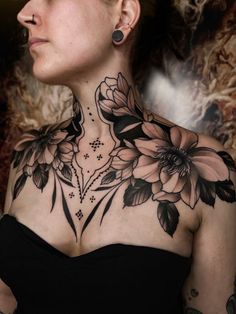 Chestpiece @sarahrose_tattoo Shoulder To Neck Tattoos For Women, Neck And Shoulder Tattoos, Front Shoulder Tattoo, Miniature Tattoos, Shoulder Tattoo Ideas, Feminine Shoulder Tattoos, Gotik Tattoo