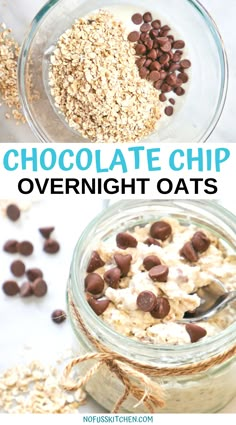 chocolate chip overnight oats in a glass jar with spoons on the side and text overlay that reads, chocolate chip overnight oats