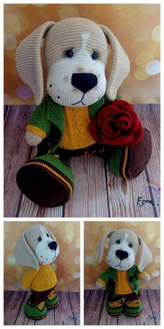 there is a crocheted stuffed dog holding a rose