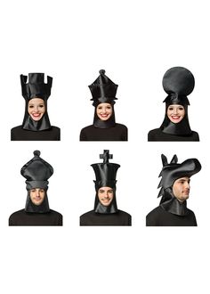 six different views of a man wearing a hat with many hats on top of his head