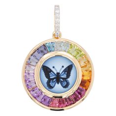 18 karat yellow gold butterfly intaglio multicolor rainbow taper baguette circle pendant. "Butterfly in the garden pendant." This one of a kind designer piece is inspired by an attractive butterfly sitting right in the middle of a colourful blossom spring. The warmth of mother nature is depicted in multicolour gemstones taper cut and channel set around the butterfly intaglio carved in natural agate by a master german engraver. Lustrous Gemstones like Aquamarine, Topaz, Peridot, Citrine, Rhodolit Cartier Love Necklace, Butterfly Rainbow, Vibrant Butterfly, Round Pendant Necklace, Circle Pendant Necklace, Antique Necklace, Gold Butterfly, Diamond Pendant Necklace, The Butterfly