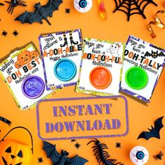 three halloween buttons with the words instant download on them next to bats and pumpkins