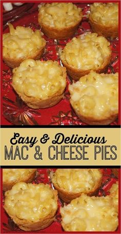 easy and delicious macaroni and cheese pies on a red plate with text overlay