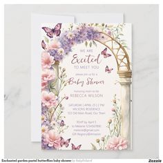 an ornate gate with flowers and butterflies on it is the front of this baby shower card