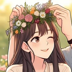 a girl with long hair wearing a flower crown on her head and looking at the camera