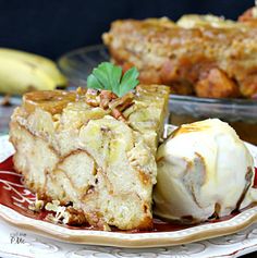 a piece of cake sitting on top of a plate with ice cream and bananas in the background