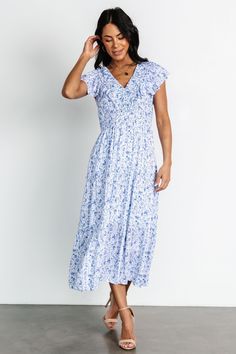 Crete Midi Dress | Blue + White Affordable Blue Midi Dress For Day Out, Cheap Casual Midi Dress With Ruffle Hem, Cheap Casual Blue Midi Dress, Cheap Blue Midi Dress For Garden Party, Affordable Blue Summer Midi Dress, Cheap Light Blue Midi Dress For Spring, Cheap Light Blue Cotton Midi Dress, Cheap Casual Midi Dress With Ruffles, Cheap Blue Midi Dress For Day Out