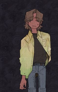 a drawing of a man with long hair wearing jeans and a yellow jacket standing in front of a black background