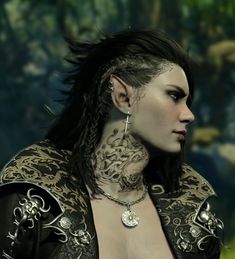 a woman with tattoos and piercings standing in front of a forest background, wearing an elaborate outfit