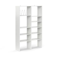 a white bookcase with five shelves on each side