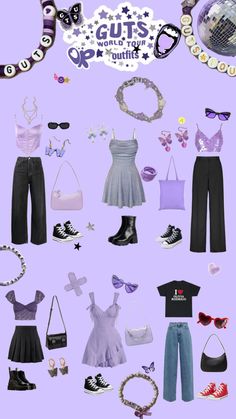 an assortment of clothes and accessories are arranged on a purple background