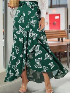 Butterfly Print Elastic Waist Ruffle Hem Mermaid Skirt Wedding Guest Midi Dresses, Beach Holiday Dresses, Skirt Elegant, Long Maxi Skirt, Wrap Maxi Skirt, Womens Maxi Skirts, Mini Dress Fashion, Khaki Fashion, Women Skirts