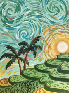 an oil painting of a palm tree and swirly sky