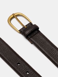 Handmade in our atelier in Alicante, Spain. Grain leather is not only a customer favourite, but also a team favourite. This belt is crafted in a grain calf which creates the little extra edge that we always look for. Made with a curved brass buckle and cut in a 3cm width. Modern Leather Belt Buckles With Brass, Modern Leather Belt Buckles With Brass Buckle, Modern Leather Belt Buckle With Brass Detail, Modern Leather Belt With Brass Buckle, Modern Leather Belt Buckles With Gold Buckle, Leather Workwear Belts With Brass Hardware, Modern Leather Belt Buckle With Gold Detail, Modern Leather Belt Buckle With Gold Buckle, Leather Belts With Brass Hardware For Work