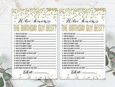 two birthday party games with gold confetti on them and the words, one is for