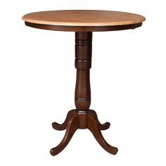 a small wooden table with two legs and a round top on an isolated white background