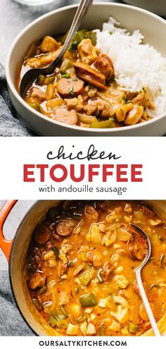 chicken etoufe with andoulie sausages in a white bowl next to rice