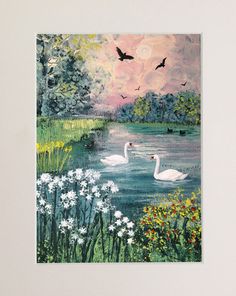 a painting of swans swimming in a pond with wildflowers and birds flying around