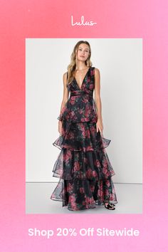 You'll be an utterly entrancing sight to see when you step out in the Lulus Garden Radiance Black Floral Print Organza Tiered Maxi Dress! Airy woven organza, with a romantic red and green floral print throughout, shapes this romantic dress that features a deep V-neckline and a pleated, sleeveless bodice. High, banded waist sits atop a cascading, tiered skirt that falls to an elegant maxi hem. V-back creates an extra-alluring final finish! Hidden back zipper/clasp. Fit: This garment runs small - please size up. Length: Floor length. Size medium measures 59" from shoulder to hem. Bust: Great for any cup size. Waist: Fitted - very fitted at natural waist. Hip: Not Fitted - fuller skirt allows room for hips. Undergarments: May be worn with petals, or no bra. Fabric: Fabric has no stretch. Full Lulu Fashion, Romantic Dress, Tiered Maxi Dress, Tier Skirt, Dress 100, Full Skirt, Black Floral, Floor Length, Bodice