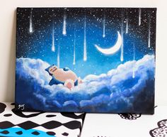 an acrylic painting of a cat on a cloud with the moon and stars in the sky