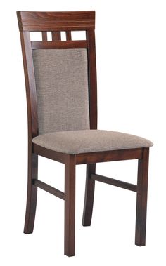 a wooden chair with beige upholstered seat and backrests on an isolated white background