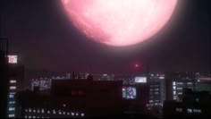 an image of a giant pink object in the night sky over a cityscape