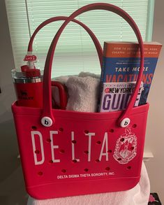 DST Bogg-like tote bag with the Greek letters on both sides.  Measurements are 15"L x 12"H x 5" W, holds a laptop.  Washable, durable and tip-proof. Medium tote for all your needs, EVA construction Delta Sigma Theta Gifts, Greek Paraphernalia, Delta Sigma Theta Sorority, Delta Sigma Theta, Top Handle Bags, Greek Letters, Medium Tote, Sorority, Purses And Handbags