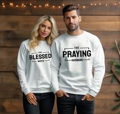 Couple Sublimation Designs, Wedding Sublimation Ideas, Praying Husband, Husband Sweatshirt, His And Her Shirts, Couple T Shirt Design, Cute Couple Shirts, Christian Shirts Designs, Christian Couples