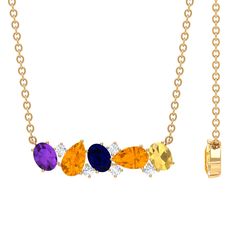 Product Details Elevate your style with this Multi Gemstone Bar Necklace. Featuring Oval Cut Amethyst, Blue Sapphire, Citrine, and two Pear Cut Orange Sapphires all set in Prong setting with dainty Round Moissanites, this Classic necklace is perfect for adding a pop of color to any outfit. Its elegant design and high-quality materials make it a versatile and timeless piece that youll treasure for years to come. Product Information SKU SHP-PENDANT052180273 Length 5 mm Width 19 mm Height 2 mm Weig Gemstone Gold Necklace, Gemstone Bar Necklace, Cut Orange, Rainbow Necklace, Classic Necklace, Orange Sapphire, Signature Jewelry, Timeless Jewelry, Pear Cut