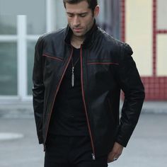 This casual leather coat is designed to offer you an executive look at any event. It's a pigskin made cool jacket that has a polyester lining. Adorned with a zipper closure, a mandarin collar and full sleeves, this men's street jacket is a worthy addition to your designer collections. It's a high quality black colored coat that is available in many sizes.SpecificationsBrand Name: GeraldBlackMaterial: PigskinCollar: MANDARIN COLLARDetachable Part: NONEClothing Length: REGULARLining Material: Poly Street Jacket, Casual Leather Jacket, Real Leather Jacket, Standing Collar, Men Street, Men's Coats & Jackets, Cool Jackets, Pig Skin, Zipper Jacket