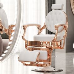 a white chair sitting in front of a mirror