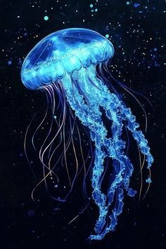 a blue jellyfish floating in the dark water with bubbles on it's head