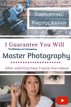 a woman holding up a camera with the words, i guarantee you will master photography after watching these 3 quick videos