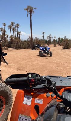 two people on four wheelers in the desert with palm trees and blue sky behind them