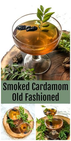 an old fashioned glass dish filled with smoked cardamom and olives, on top of