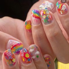 Kidcore Nail Art, Funky Colorful Nails, Nail Ideas Colorful, Kitsch Nails, Nails Hippie, Whimsical Nail Art, Cutie Sticker, Hottest Summer Nails, Cloud Nails