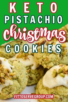 keto pistachio christmas cookies with white frosting on top and green background