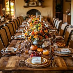 a long table set for thanksgiving dinner with fall flowers and pumpkins on the place settings