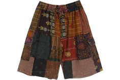 These Bermuda shorts are crafted from a unique patchwork of cotton fabrics, each overdyed in a rich brown hue, creating a harmonious yet individual look. Each panel's diverse textures and patterns ensure that while every pair shares the same aesthetic, no two are exactly alike. These shorts offer a relaxed fit with a comfortable elastic waistband, making them ideal for casual wear. They pair well with a simple t-shirt or a light sweater, suitable for various settings, from casual outings to more eclectic music festivals or art shows. - Material: Cotton 100% - Length: 24 inches - Inseam: 12 inches - Waist: 26-36 inches, elastic with a drawstring - Hand wash separately in cold water, line dry - Easy pull-up, drawstring waist, unisex patchwork long shorts - Patchwork with mixed patterns has t Bohemian Brown Cotton Shorts, Eclectic Music, Mori Kei, Simple T Shirt, Funky Outfits, Shorts Cargo, Simple Tshirt, Light Sweater, Long Shorts