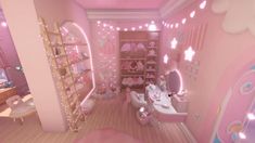 a room with pink walls and lights on the ceiling