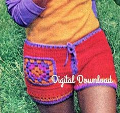 "**PLEASE NOTE that you MUST be on a COMPUTER and not a smartphone or tablet to download once you buy item.  Crochet these Groovy 1972 Hippie \"Hot Pants\" Shorts. They give a nod to the 70's Hip Huggers. Listing includes two great styles laced, or button-up front closure (Short Shorts/Daisy Dukes) PDF patterns.   Snappy red shorts are in single crochet, edged with clusters of double crochet. They have front laces below the waist with a granny square pocket.  The apple green shorts are button-up 70s Hot Pants, Hip Huggers, Crochet Shorts Pattern, Hot Pants Shorts, Square Pocket, Shorts Pattern, Pants Short, Crochet Shorts, Daisy Dukes