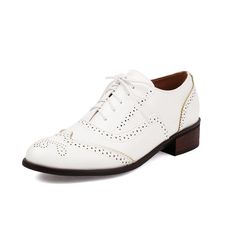 Shop White Round Toe Wingtip Lace up Dress Office Shoes Women's Oxford Shoes color White for Anniversary, Going out, Hanging out with worldwide Free shipping & Free return. Women Oxfords, Oxford Loafers, Oxfords Shoes, Elegant Heels, Pump Types, Loafers Shoes, Shoes Brown, Casual Lace, Lace Up Shoes