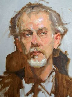 an oil painting of a man with white hair and beard wearing a brown jacket, looking to the side