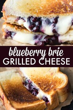 blueberry brie grilled cheese sandwich is cut in half and stacked on top of each other